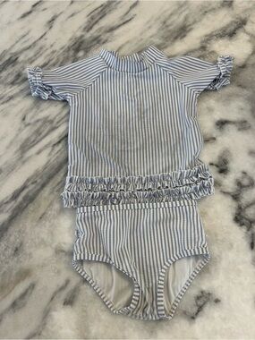 Ruffle Butts seersucker Blue & White Striped Ruffle Two-Piece Swim Set
